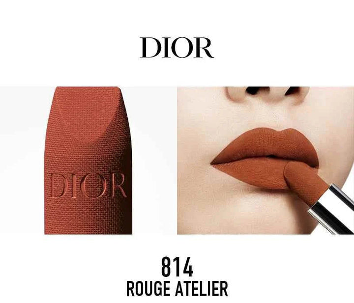 Rouge Dior الكلاسيكية lipstick in shade 814 Rouge Atelier with smooth matte finish and elegant lip application.