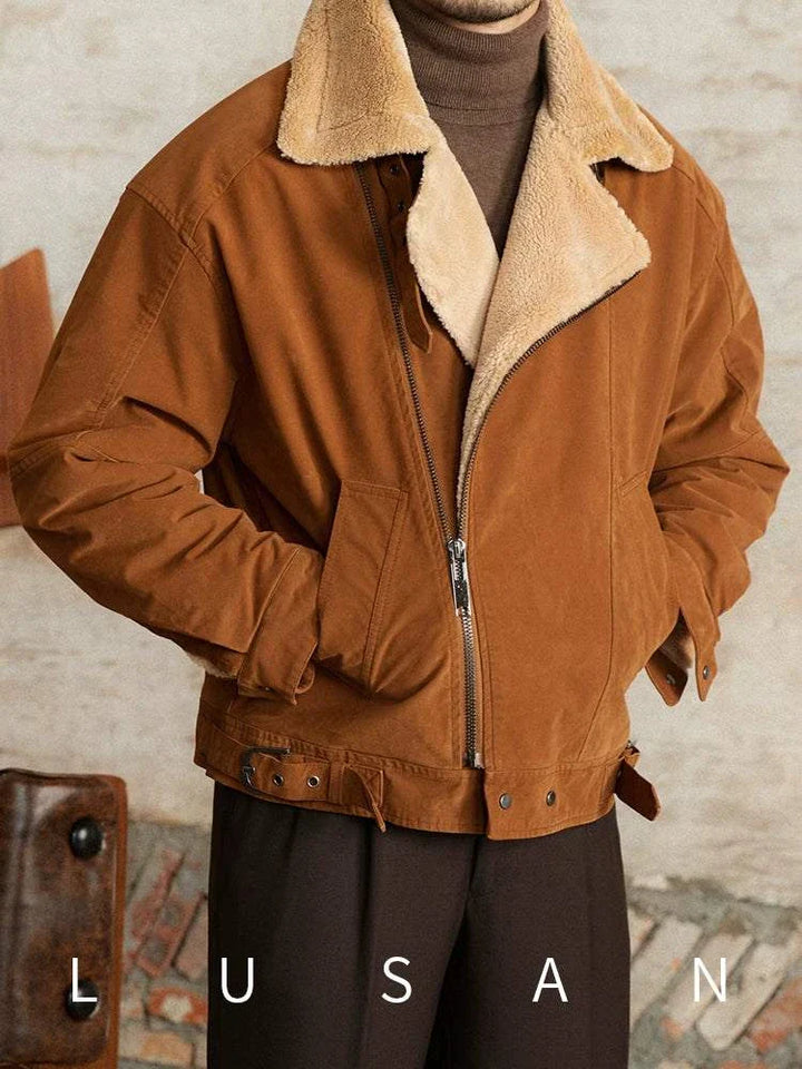 Mr. Lusan English jacket brown sherling collar warm suede-look zippered coat