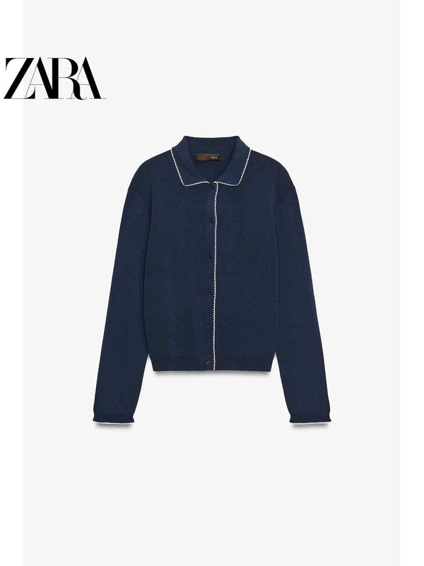 ZARA كارديجان نسائي أزرق أنيق كاجوال بخطوط بيضاء وتصميم كلاسيكي