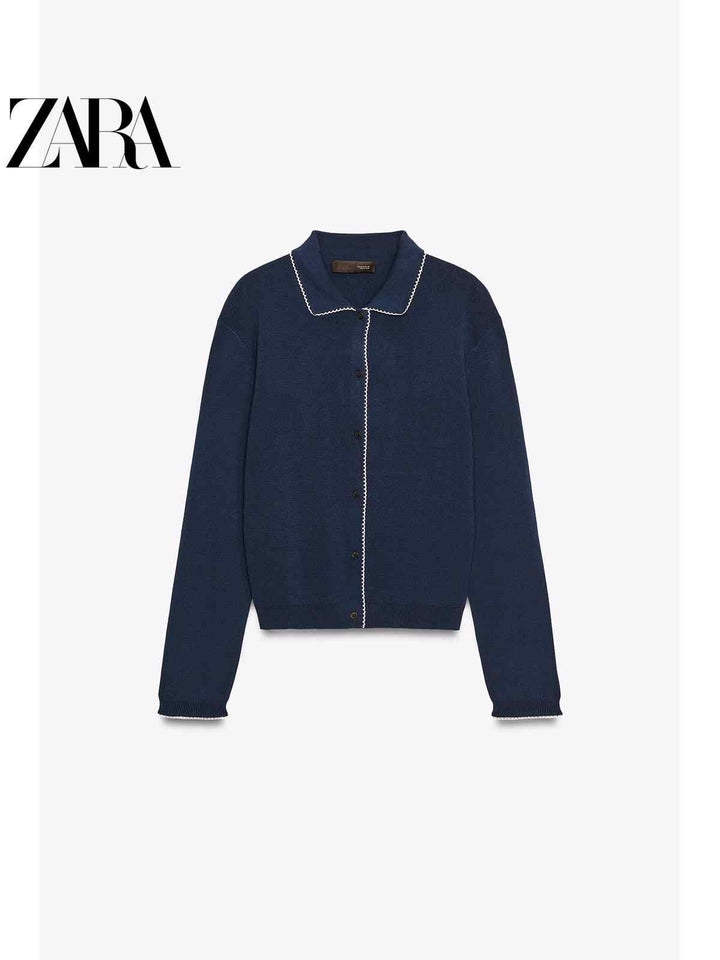 ZARA كارديجان نسائي أزرق أنيق كاجوال بخطوط بيضاء وتصميم كلاسيكي