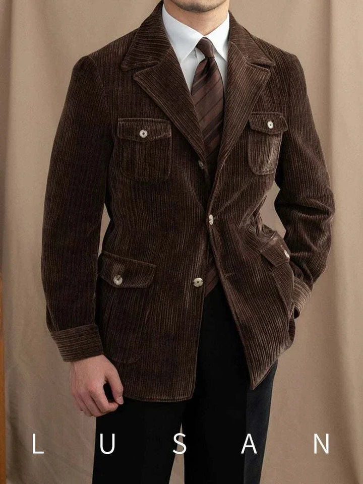 Mr. Lusan Jacket British corduroy brown blazer with buttoned pockets and classic collar for smart casual and formal wear