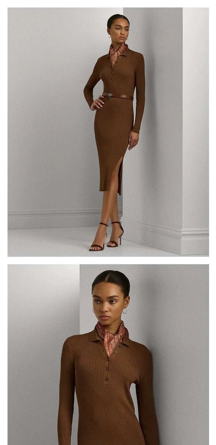 فستان كلاسيكي بني محبوك نسائي من Lauren Women بأكمام طويلة وطول متوسط مع شق جانبي وأزرار أمامية بتصميم أنيق ومريح للبيع والارتداء اليومي والمناسبات