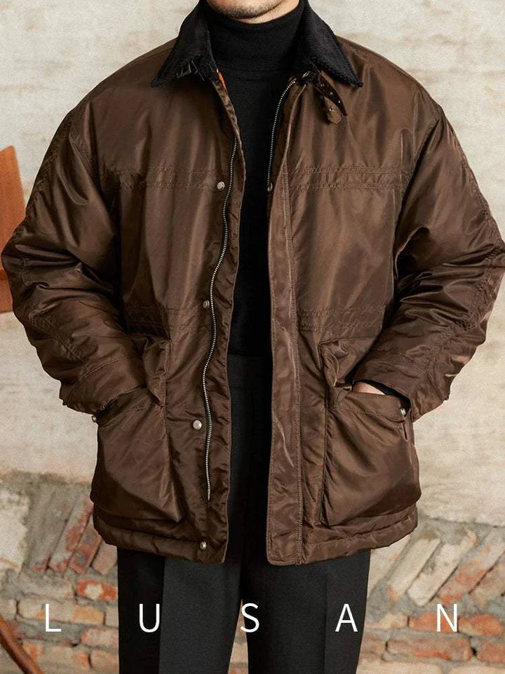 Mr. Lusan jacket Italian brown waterproof lightweight warm coat with corduroy collar and front pockets