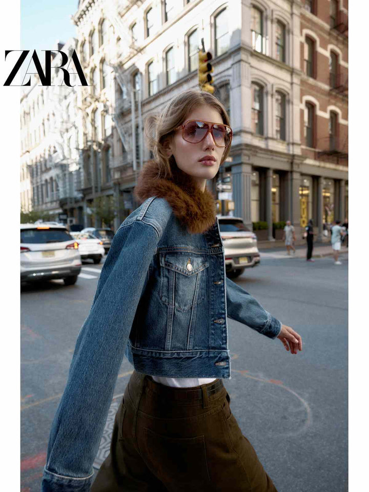 ZARA short denim jacket for women with brown fur collar, casual and stylish design