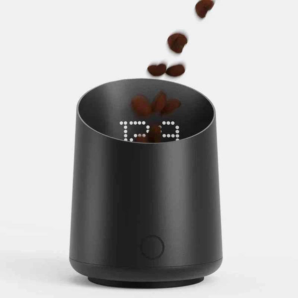 Digital coffee measuring cup with invisible LED, touch operation, precise coffee bean scale, rechargeable USB-C, IPX4 black.