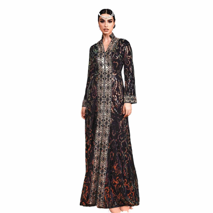 Luxurious black sequin kaftan with gold and copper patterns, traditional collar, long sleeves, perfect for elegant occasions.