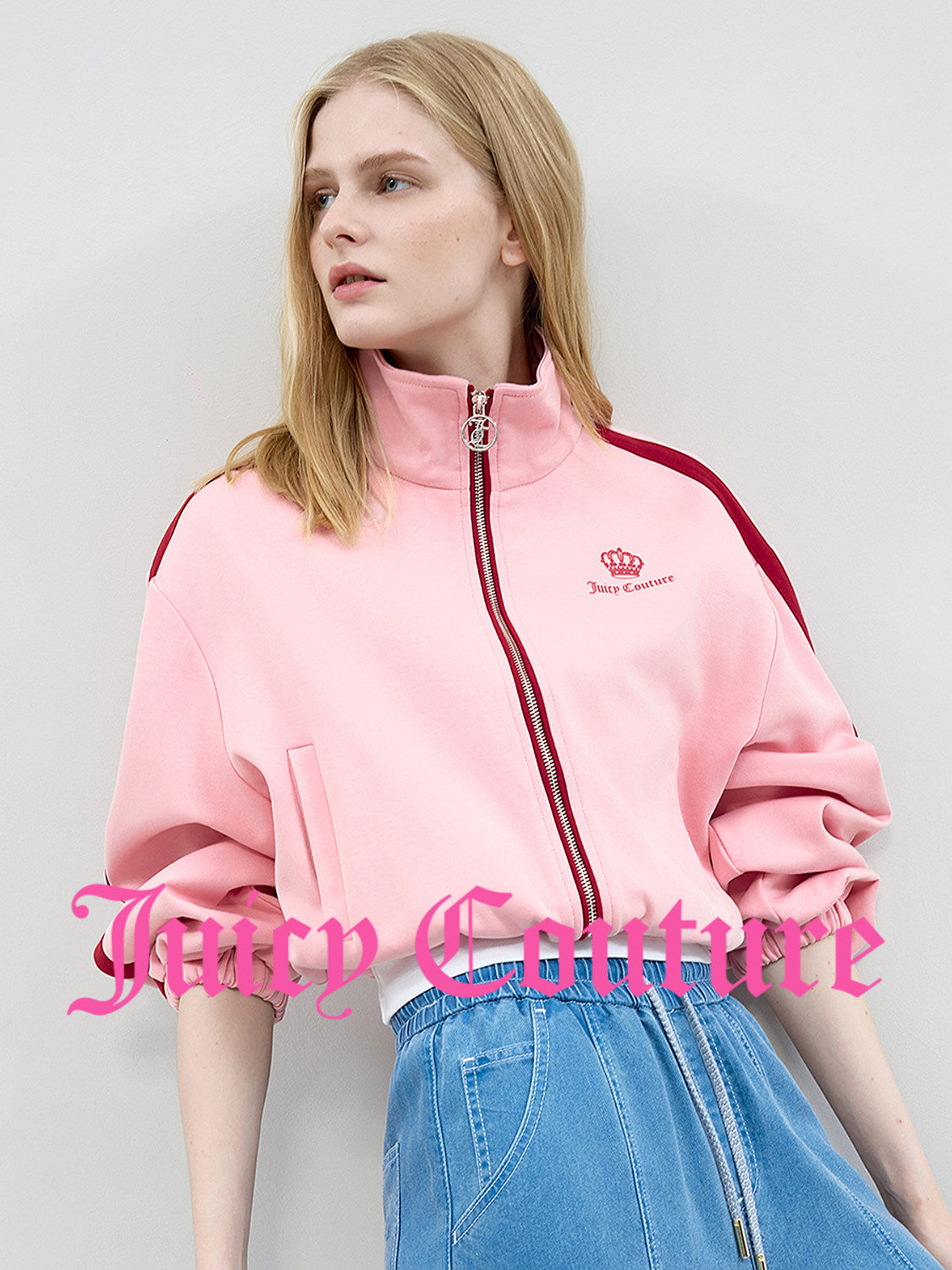 Juicy Couture orange jacket for women, pink color-block stand collar drop shoulder sleeves, sporty casual short top