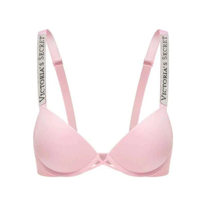 Pink Victoria's Secret bra with rhinestone straps and shiny logo letters, sexy gathering design for summer women