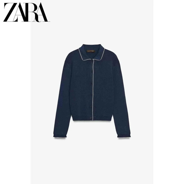 ZARA كارديجان نسائي أزرق أنيق كاجوال بتفاصيل بيضاء وخامة مريحة وخياطة متقنة