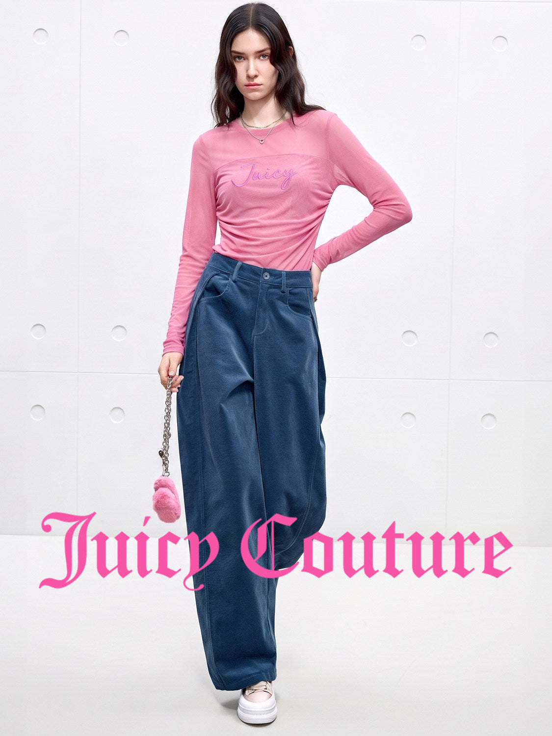 Juicy Couture orange casual pants for women, loose wide-leg blue corduroy vintage fashionable simple long pants