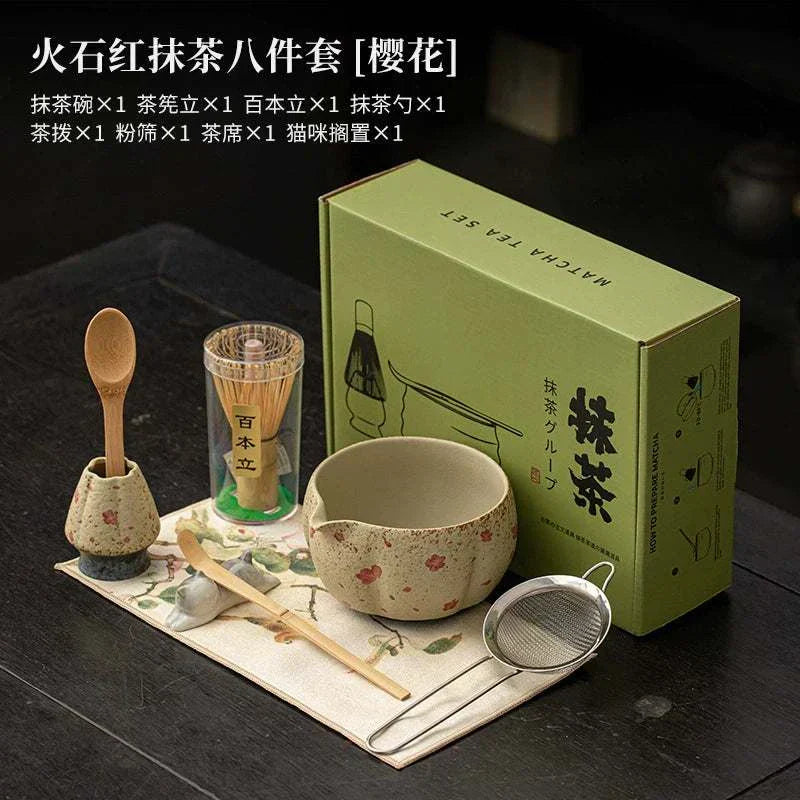 طقم تحضير Matcha سيراميك ياباني 8 قطع بتصميم القطط الفاخر.