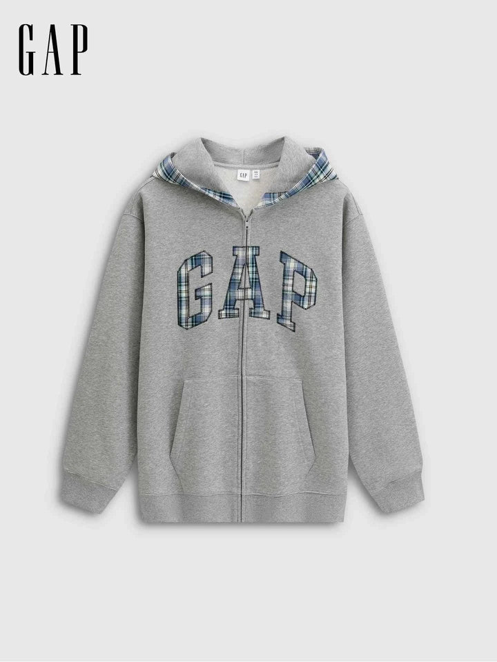 هودي GapGap أصلي رمادي بكاروهات مع شعار أمامي وسحاب كامل للجنسين