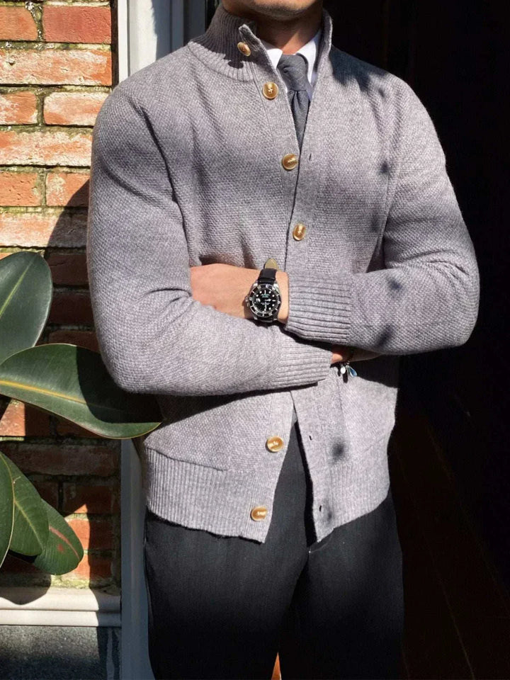 Mr. Lu San cardigan grey knit wool blend with brown buttons and ribbed cuffs stylish British design