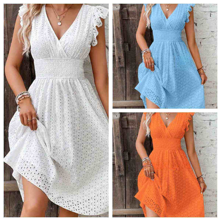 Elegant thin V-neck ruffle sleeve cut-out dress in plus-size for women, available in white, blue, and orange.