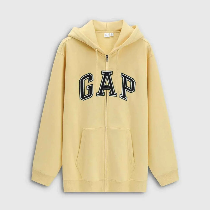 Gap هودي كلاسيكي أصلي رجالي ونسائي كاجوال أصفر بتصميم بسحاب وجيب أمامي