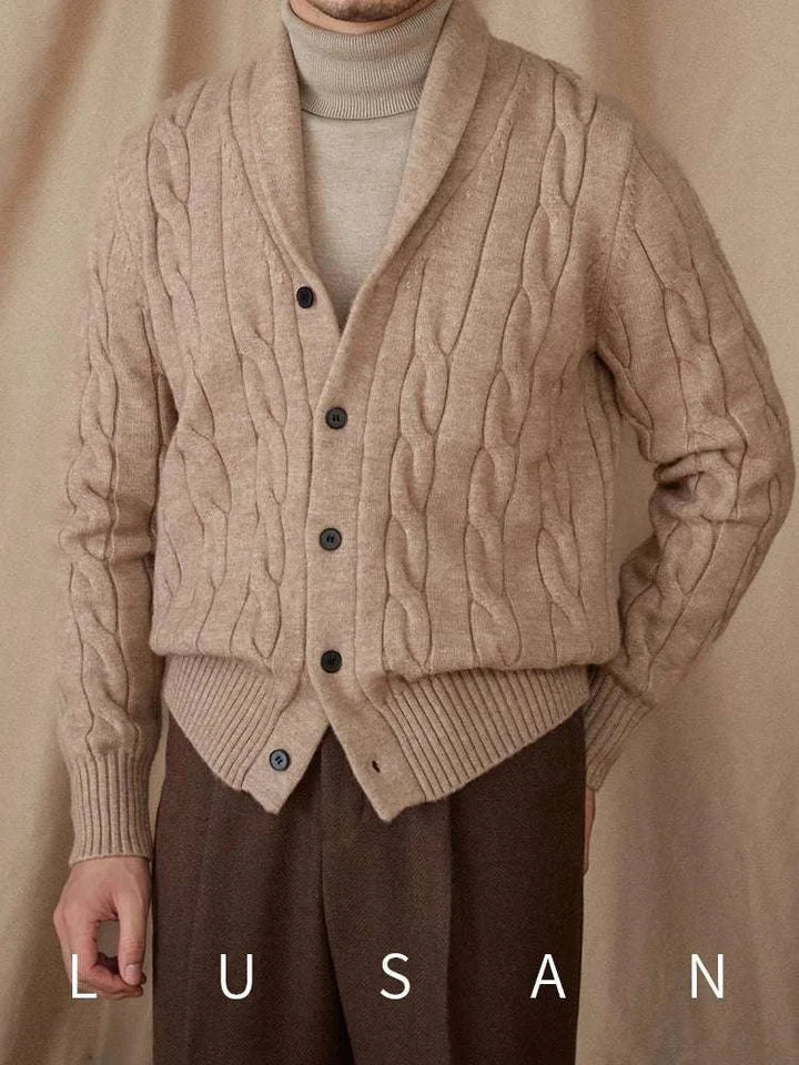 Mr. Lusan cardigan in beige with cable knit and shawl collar, featuring front buttons and ribbed edges for stylish warmth