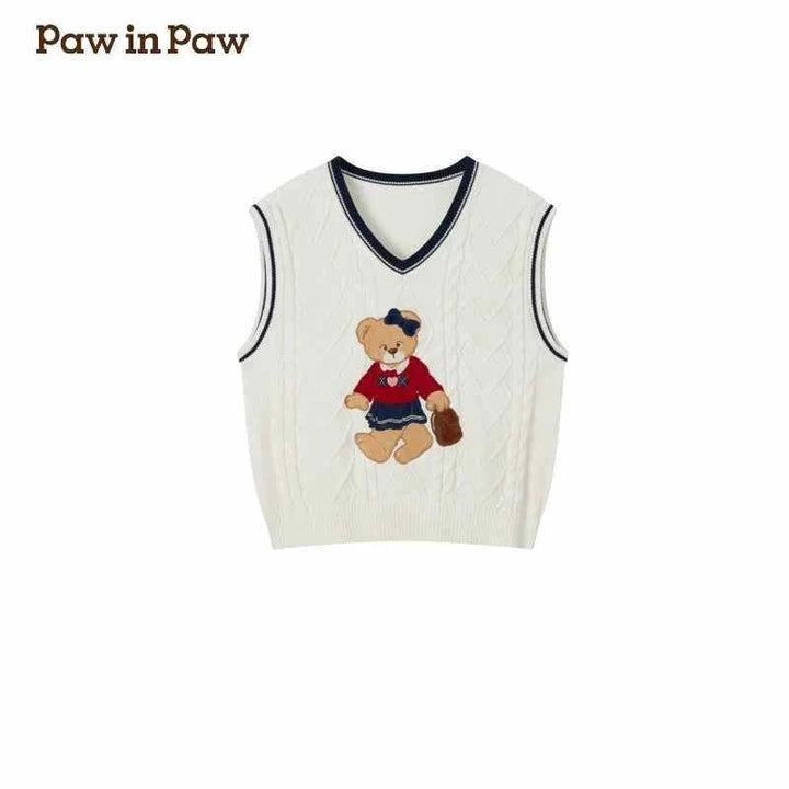 PawinPaw Cartoon Bear girls' V-neck woolen vest in white with embroidered teddy bear design for autumn and winter layering