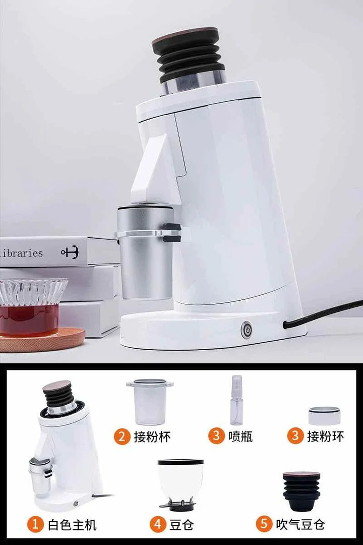 Italian DF83 Grinder white commercial-grade coffee grinder with dosing cup and bean hopper components displayed