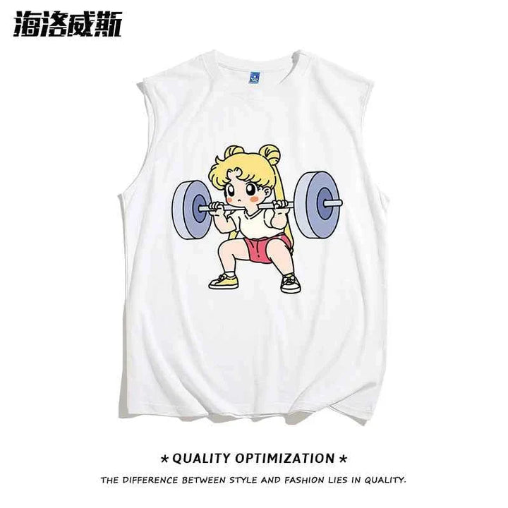 White sleeveless cotton sports tank top with cartoon girl lifting weights design, comfortable and casual fitness tee