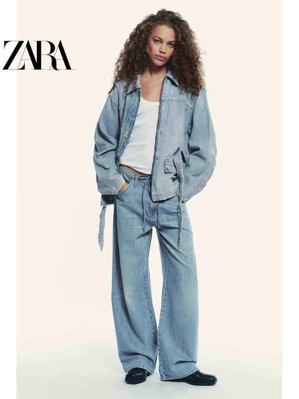 ZARA wide leg jeans outfit with denim jacket and casual top for women