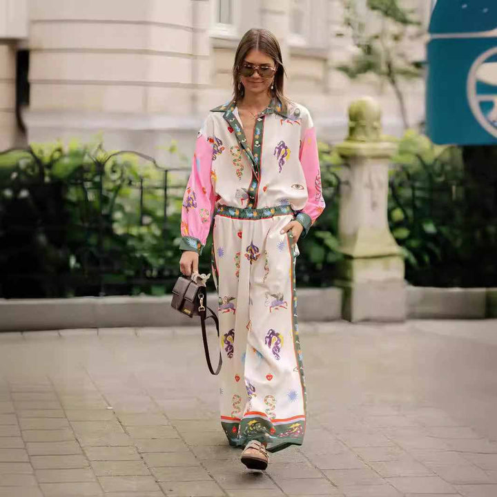 European and American fashion versatile linen print long-sleeved suit.