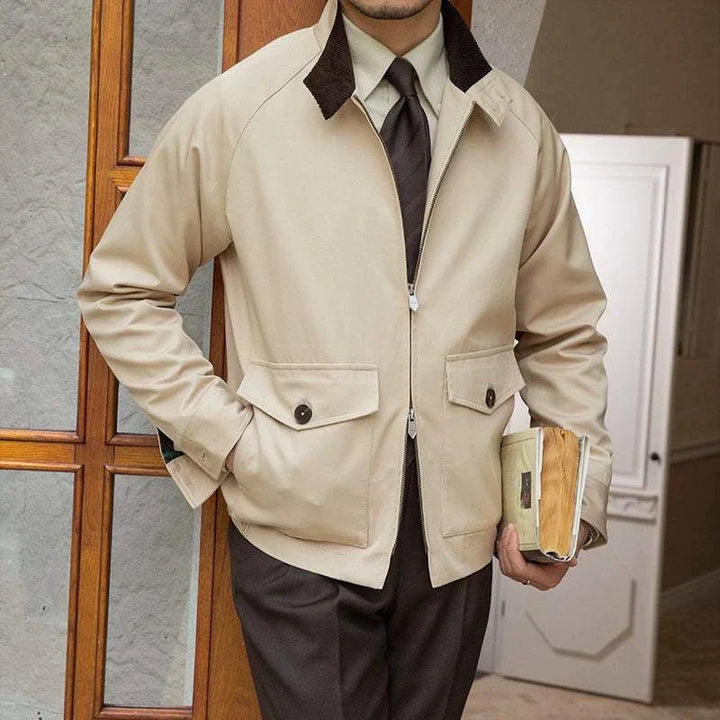 Mr. Lusan Jacket retro waterproof beige jacket with velvet collar and buttoned front pockets, stylish and practical for rainy days