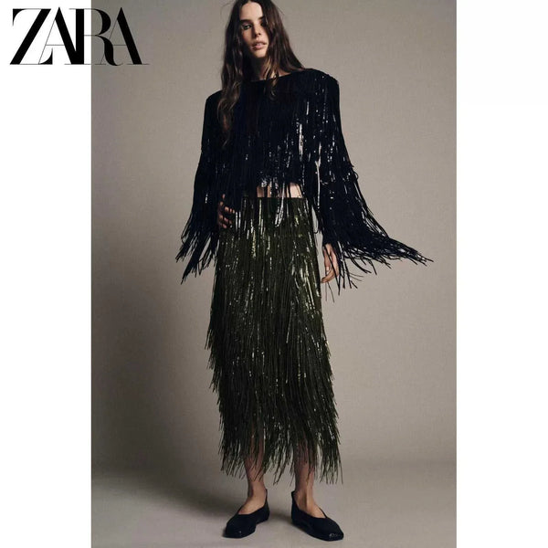 ZARA 2025 تنورة ZW المحدودة من زارا باللون الكاكي الداكن – إصدار خاص