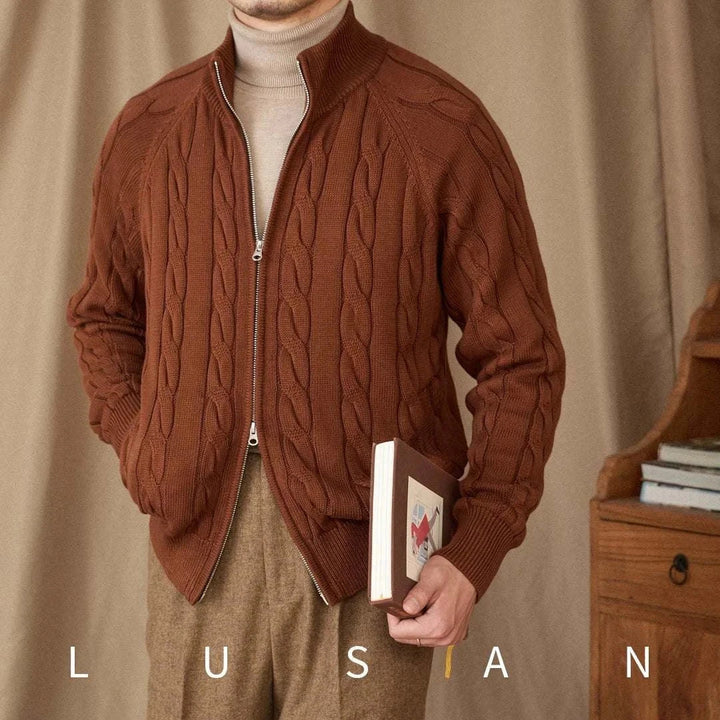 Mr. Lusan brown cotton knitted British cardigan with double zipper and cable knit design