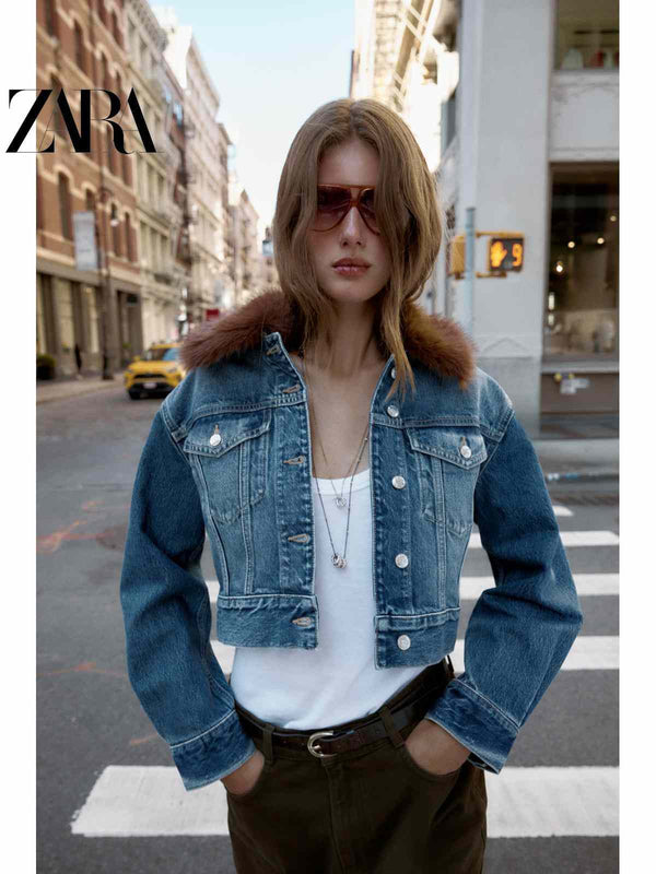 ZARA Short Denim Jacket with brown fur collar on woman in casual street style