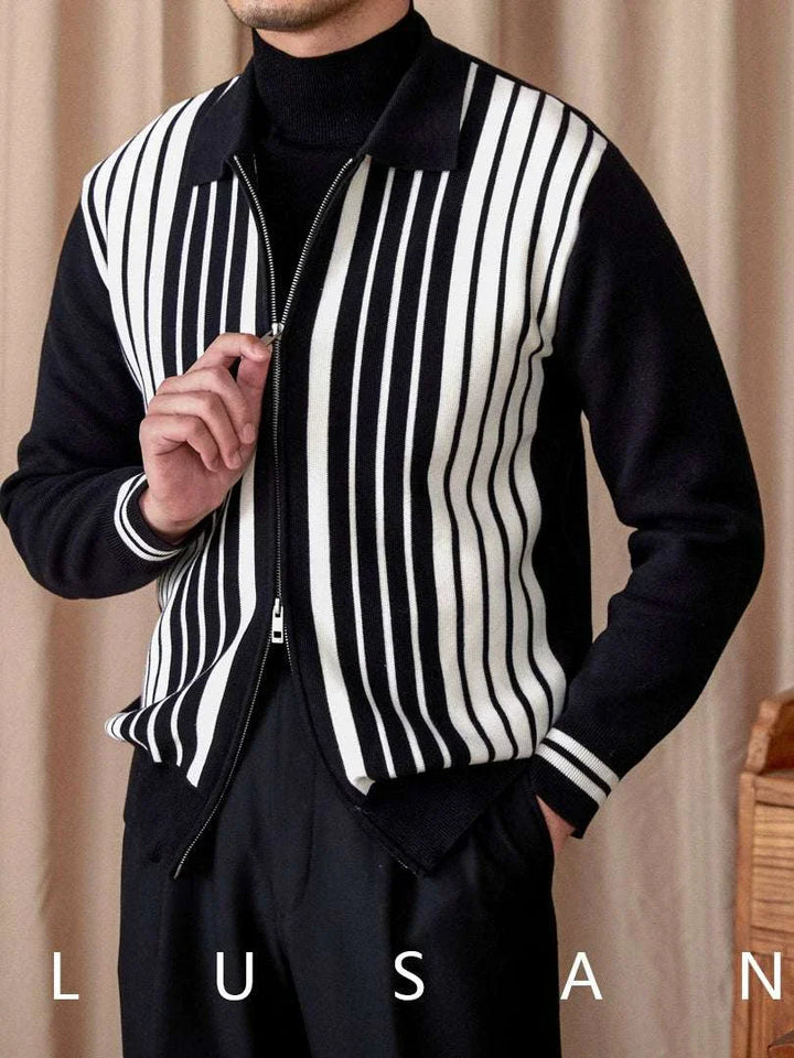 Mr. Lu San British slim knitted cardigan with vertical stripes and double zipper in black and white