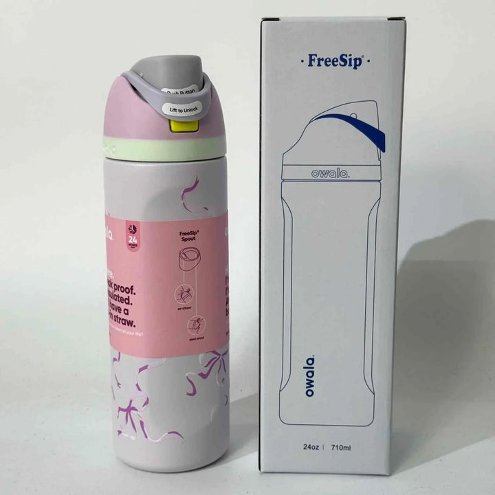 Owala FreeSip stainless steel water bottle with dual spout and leak-proof design, keeps drinks cold for 24 hours.