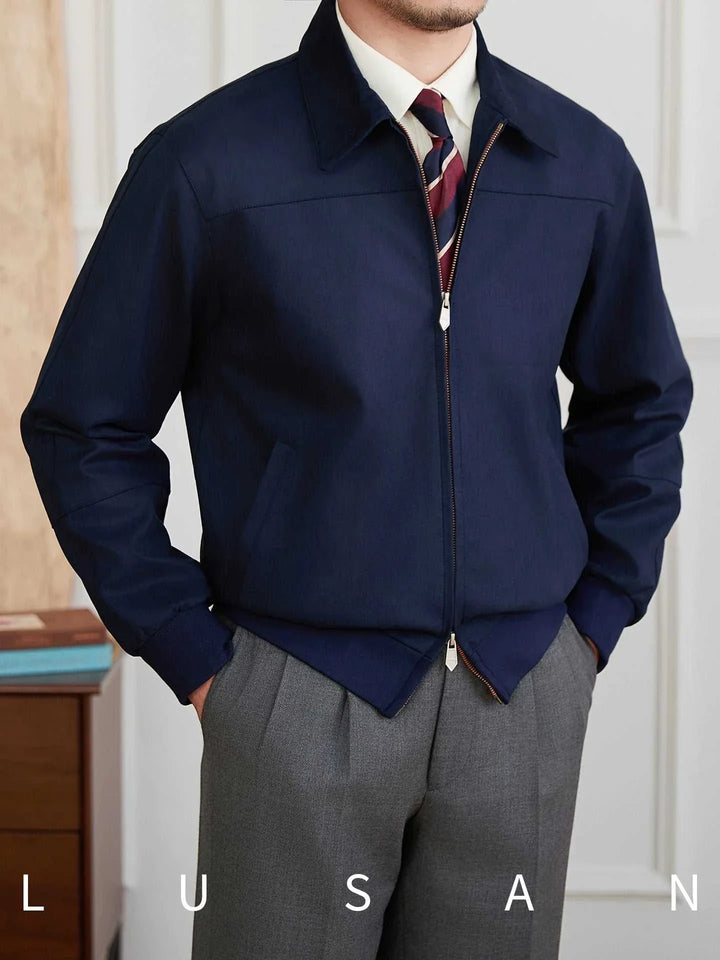 Mr. Lu San's men's casual جاكيت navy blue classic fit with double metal zipper and ribbed cuffs