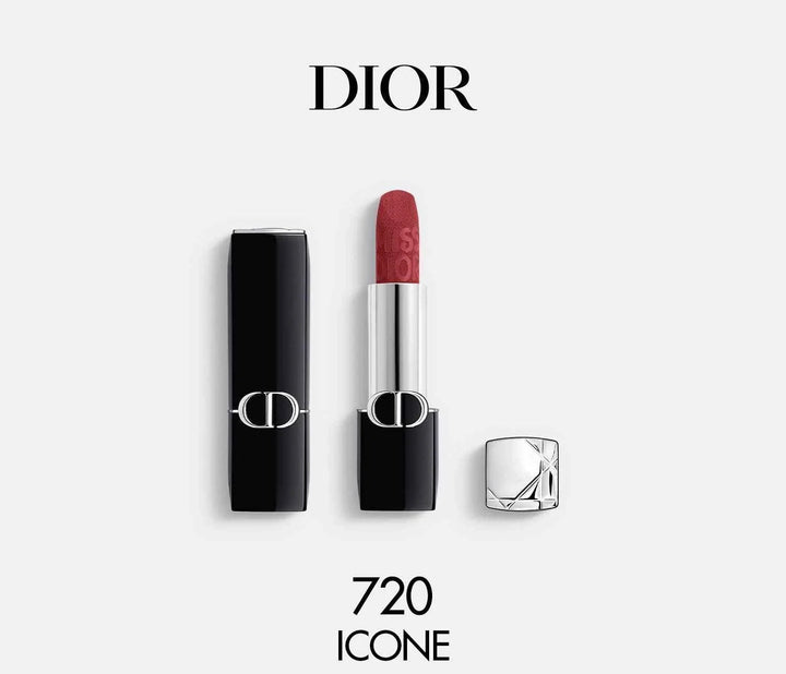 Rouge Dior classic lipstick 720 Icone with sleek black and silver packaging against white background