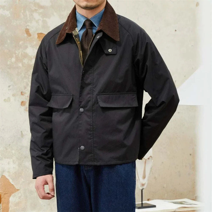 Mr. Lusan Jacket retro windproof hunting jacket with brown velvet collar and front pockets in black color