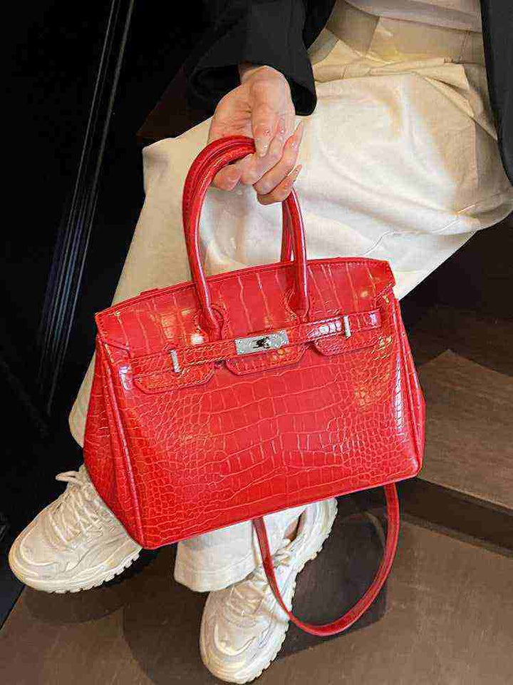 Red crocodile pattern Birkin-style women's handbag with high-quality leather and elegant texture