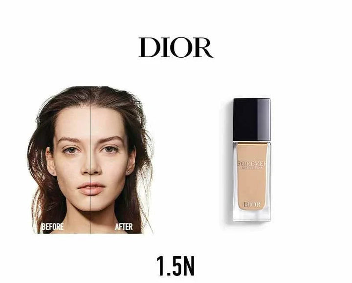 Dior Forever Foundation luxury set with before and after face showing natural radiant skin and 1.5N shade bottle