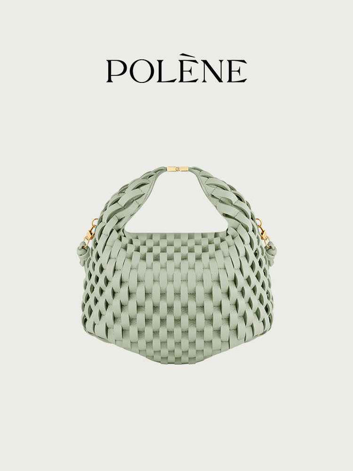 Polène Béeri almond green woven leather handbag with gold metal clasp and top handle