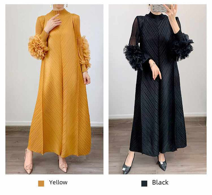 Elegant long loose dress with floral sleeves, available in yellow and black, ideal for sophisticated occasions.