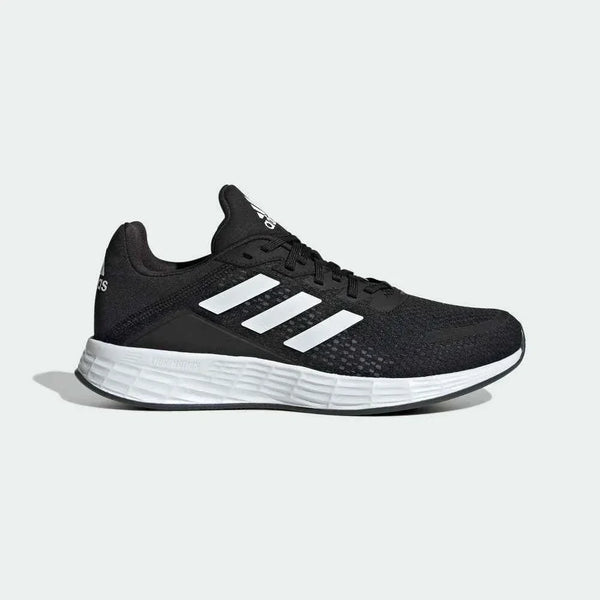 Adidas DURAMO SL حذاء شبكي أسود للركض والتدريب بنعل أبيض وثلاث خطوط بيضاء