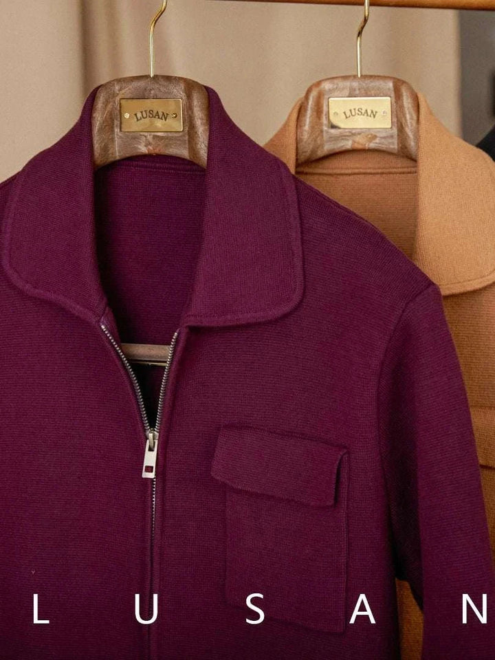 Mr. Lu San's slim British light cardigan jacket with zippered front in purple and beige colors