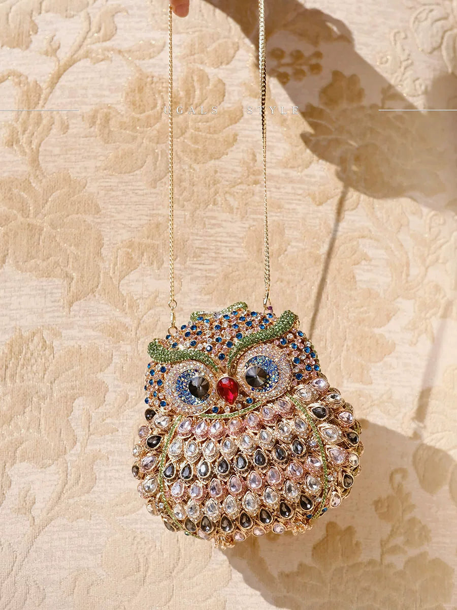 UGALS Retro Niche Design Owl Diamond Dinner Premium Water Diamond Clutch Crossbody Bag