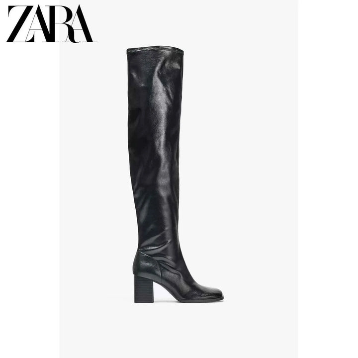 حذاء نسائي من ZARA2025 لخريف 2025 بوت أسود كعب عالي وطرف مربع بتأثير الجلد اللامع