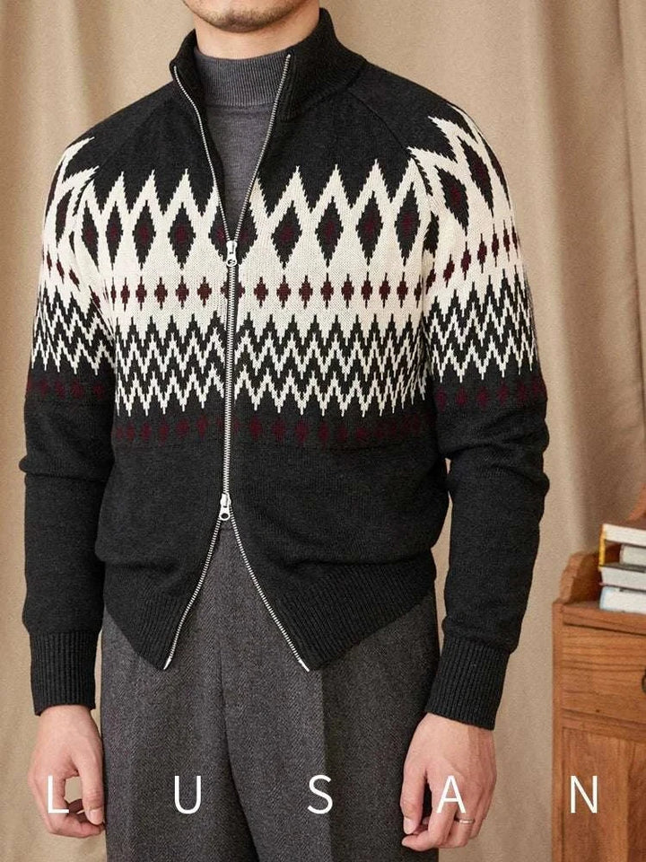 Mr. Deer Three Indian Sweater black slim fit cardigan with geometric patterns and double zipper