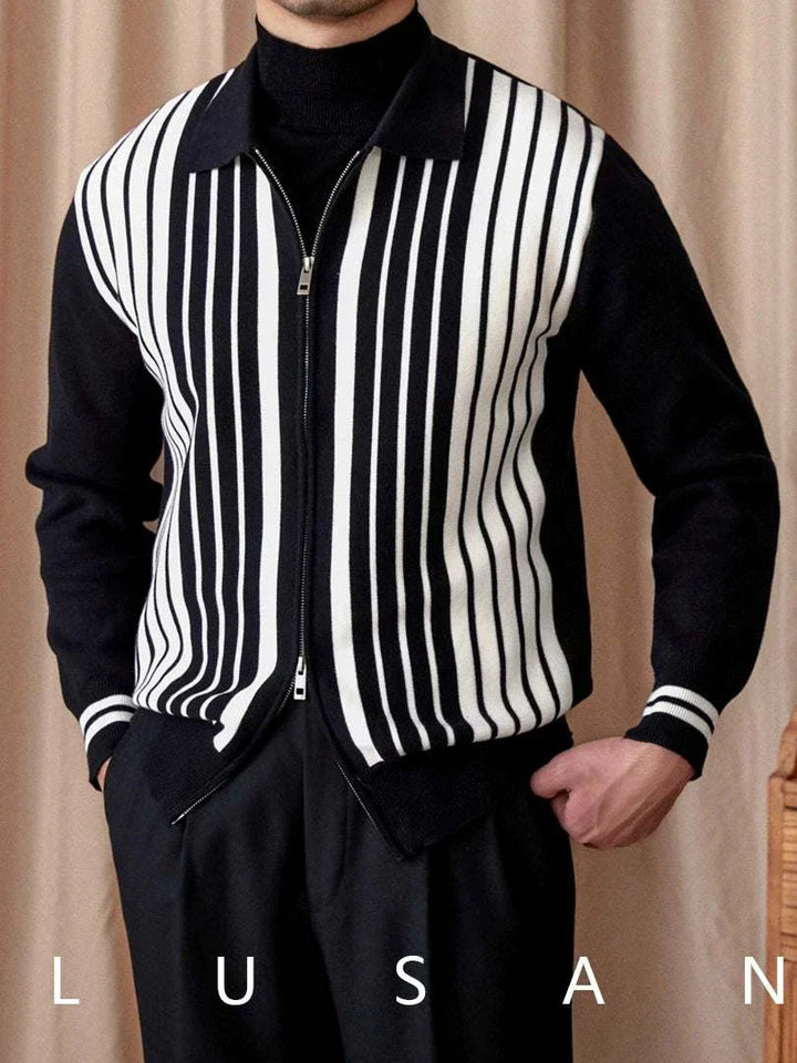 Mr. Lu San British slim knitted cardigan with vertical stripes in black and white, featuring a slim fit and double zipper design