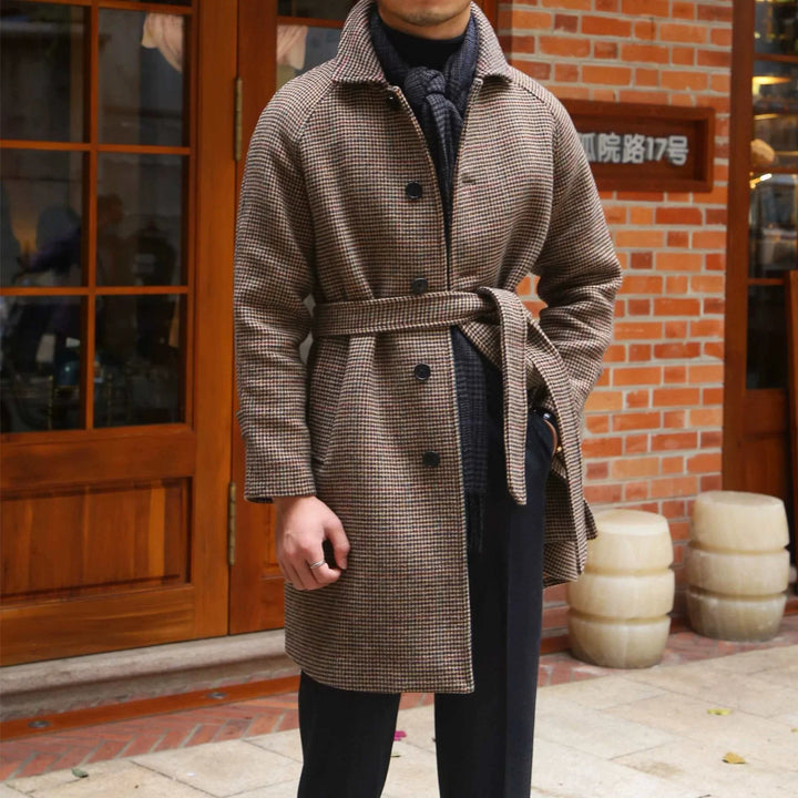 Mr. Lu San Balmacan wool coat brown beige houndstooth pattern with belt and raglan sleeves for men
