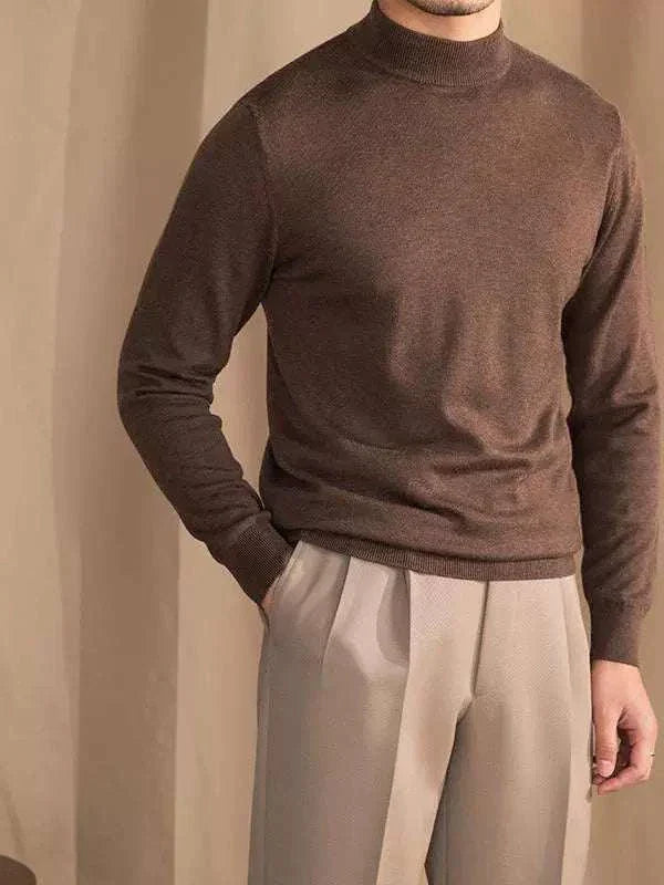 Mr. Lu San's 30% wool slim fit half-high neck brown sweater for men