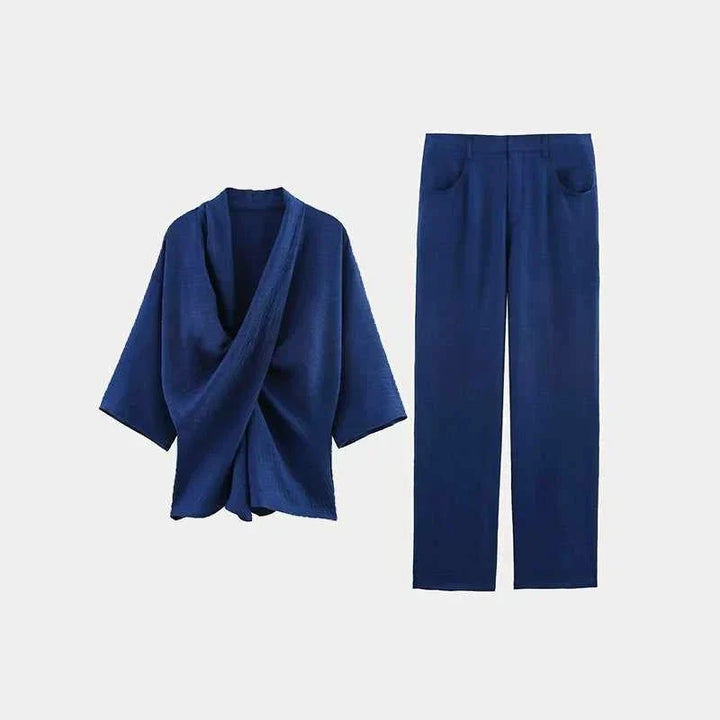 Women's summer clothing set featuring blue linen pleated shirt and loose pants in European American style