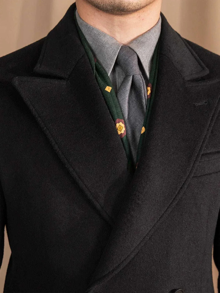 Mr. Lusan gentleman black British double-breasted wool coat with sharp lapel and tailored fit