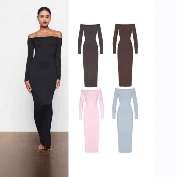 SKIMS off-shoulder long maxi dress with long sleeves in black, brown, pink, and blue colors