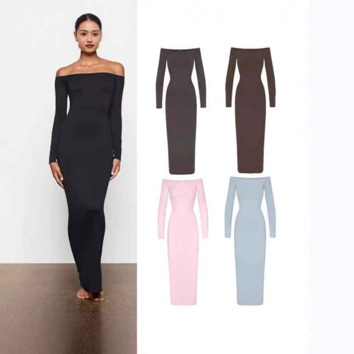 SKIMS off-shoulder long maxi dress with long sleeves in black, brown, pink, and blue colors